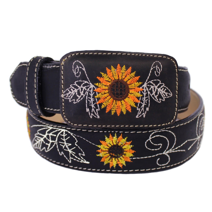 Leather Sunflower Belt w/ Square Buckle - Black