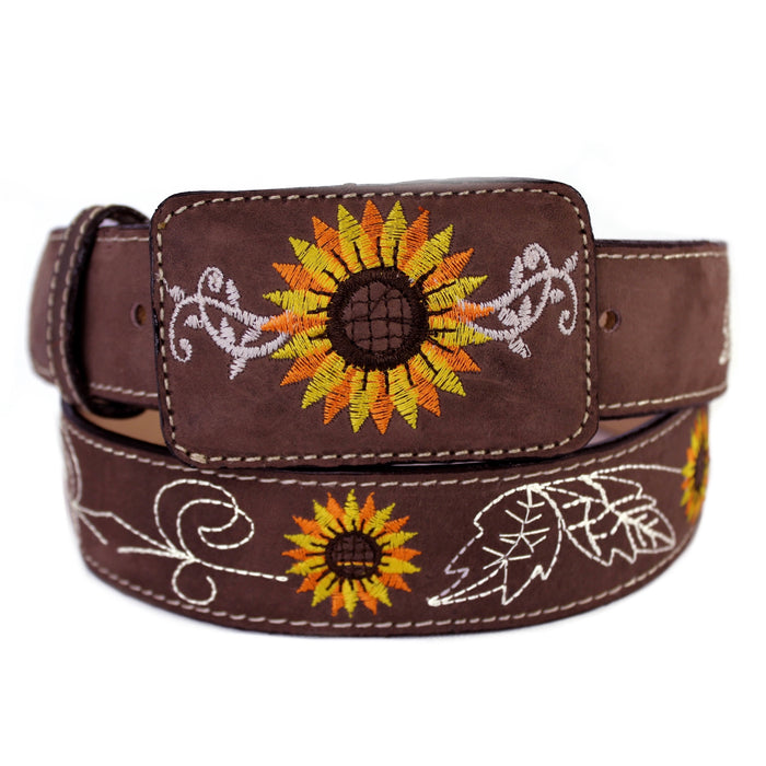 Leather Sunflower Belt w/ Square Buckle - Café