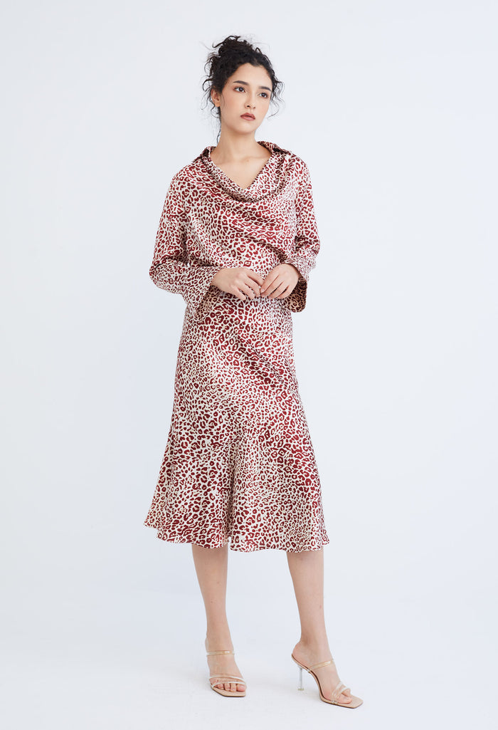 Leopard Spotted Cowl Drop Neckline Blouse