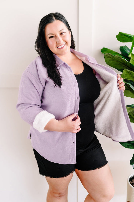 Light Fleece Lined Shacket In Shimmering Violet