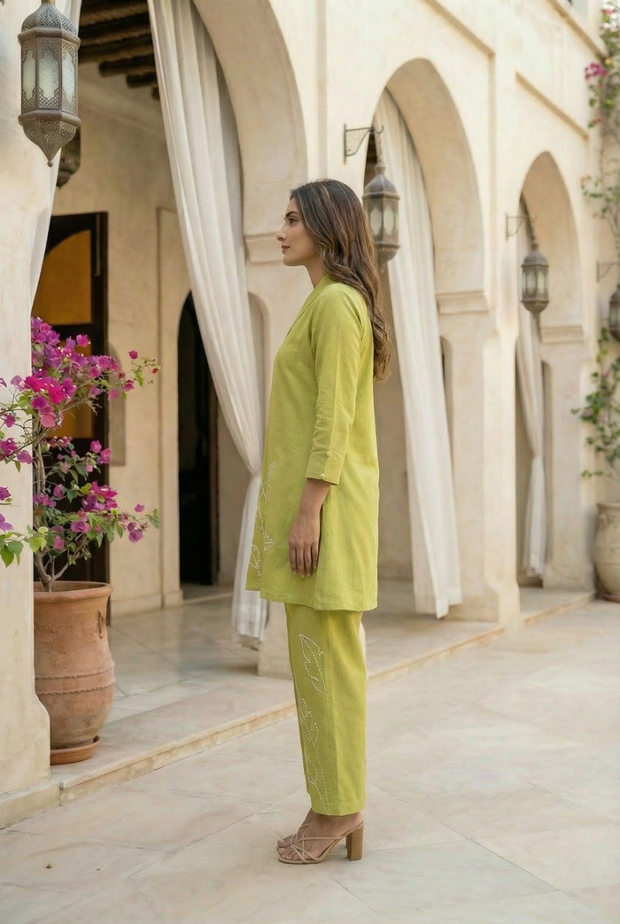Lime Green Embroidered Straight Cotton Flex Co-ord Set