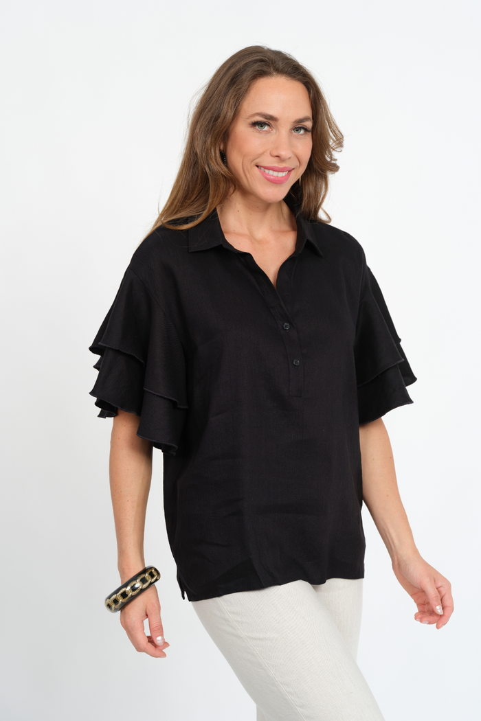 LIOR Women's Black Short Flounce Sleeve Linen Top With Collar - "Harmony"