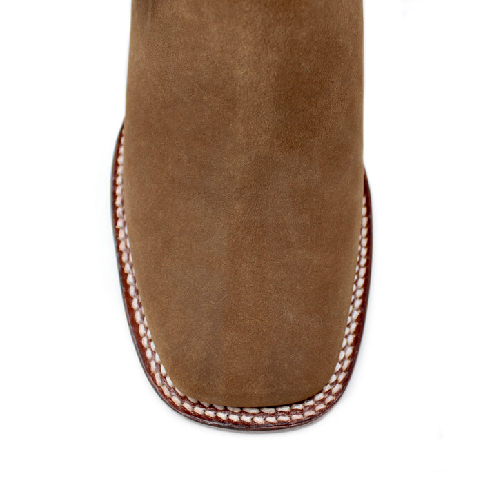 Close-up of the wide square toe and white welt stitching on Los Altos Ladies Taupe Nobuck Boot.