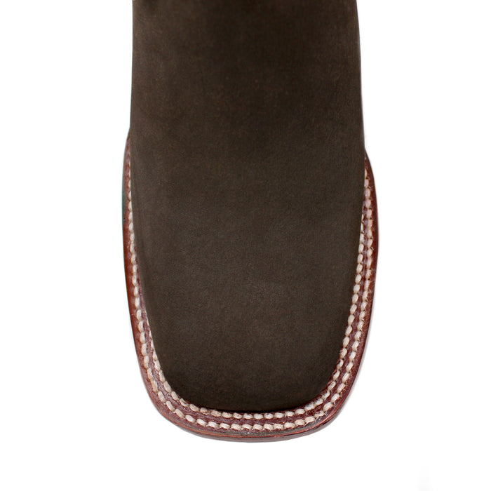 Close-up of the wide square toe and white welt stitching on Los Altos Ladies Tabaco Nobuck Boot.