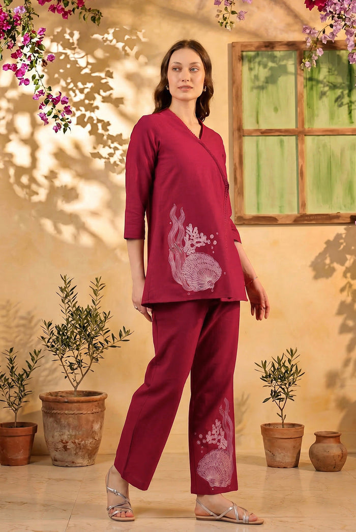 Magenta Wrap Style Placement Embroidered Cotton Flex Two Piece Co-ord Set