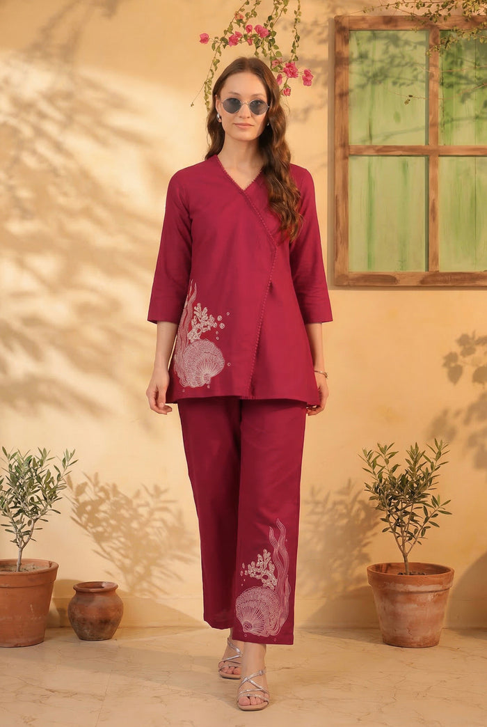 Magenta Wrap Style Placement Embroidered Cotton Flex Two Piece Co-ord Set