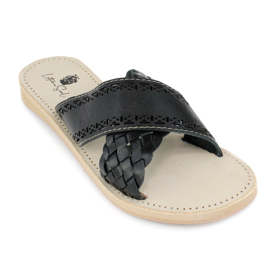Women’s Black Mexican leather slide sandal with geometric cutout upper, braided crossover strap and light leather footbed