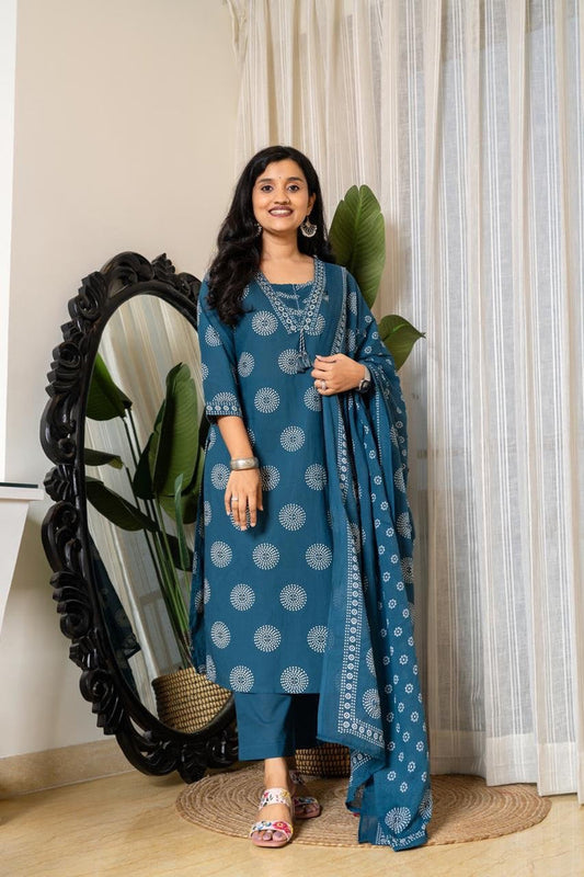 Meera Budget Cotton Suit- Teal blue