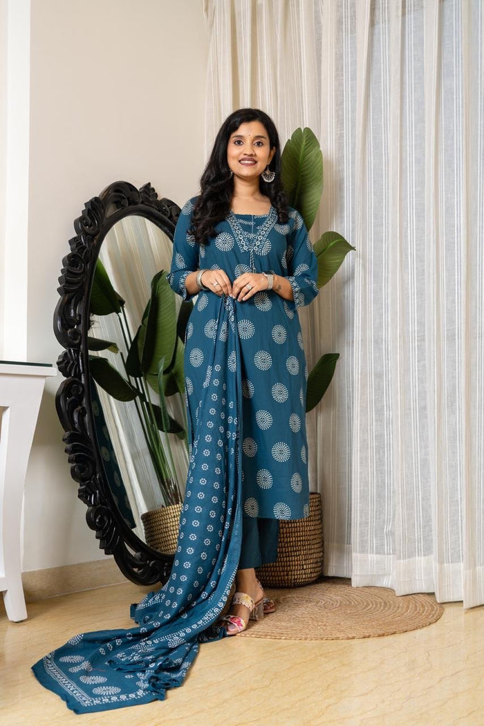 Meera Budget Cotton Suit- Teal blue