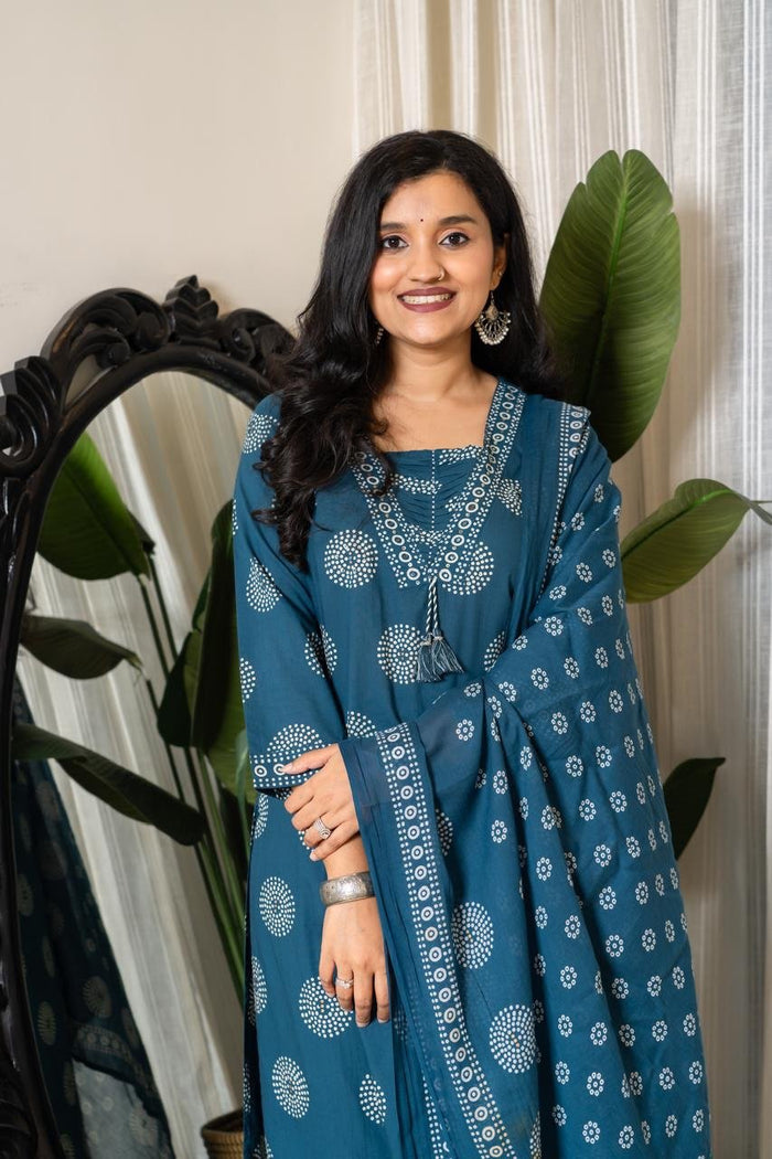 Meera Budget Cotton Suit- Teal blue