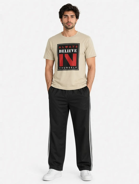 Men's Beige Graphic Printed Jersey Cotton T-Shirt & Black Track Pants Lounge Set