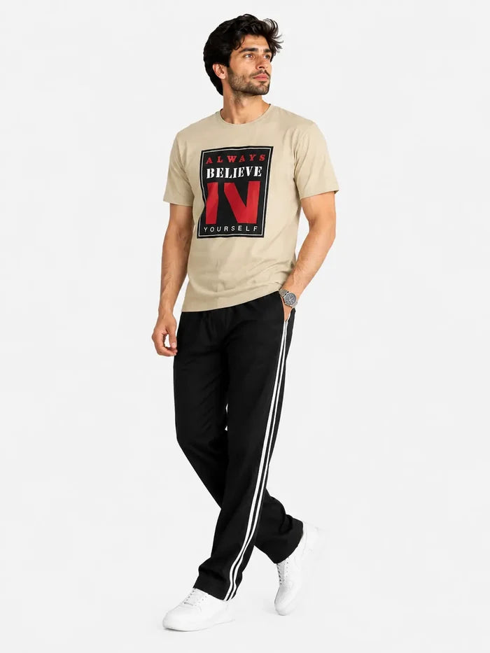 Men's Beige Graphic Printed Jersey Cotton T-Shirt & Black Track Pants Lounge Set