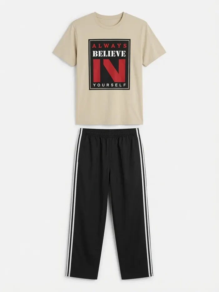 Men's Beige Graphic Printed Jersey Cotton T-Shirt & Black Track Pants Lounge Set