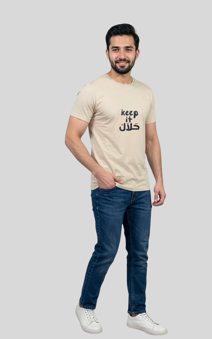 Men's Beige "Keep It Halal" Urdu Graphic Printed Crew Neck Half Sleeve T-Shirt