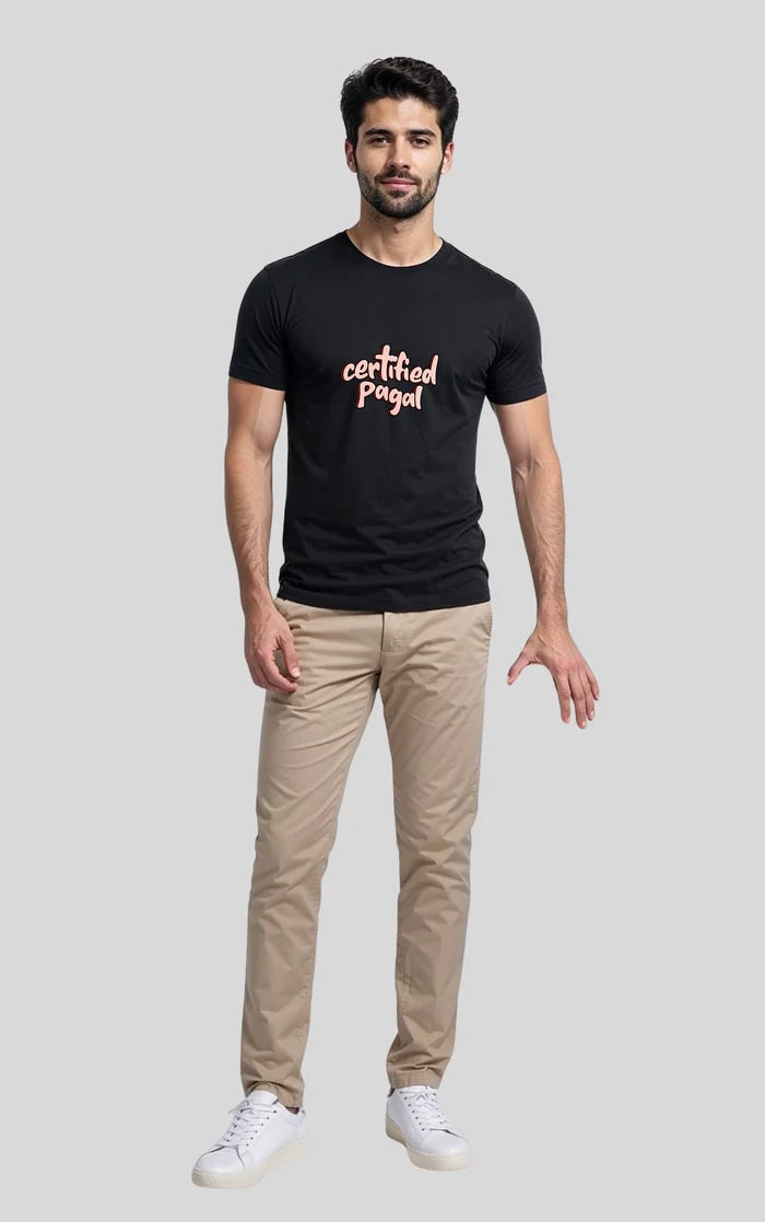 Men's Black "Certified Pagal" Graphic Printed Crew Neck Half Sleeve T-Shirt
