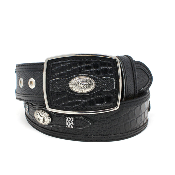 Men’s Black Genuine Leather Western Belt – Imitation Crocodile Print with Horse Conchos