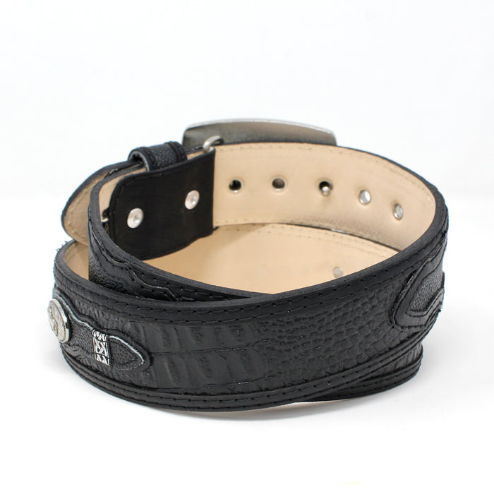 Men’s Black Genuine Leather Western Belt – Imitation Crocodile Print with Horse Conchos