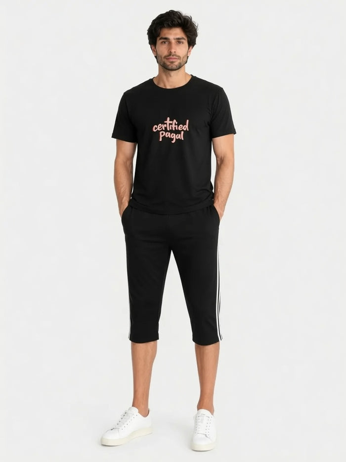 Men's Black  Graphic T-Shirt & Black Side Stripe Shorts Set  “Certified Pagal”