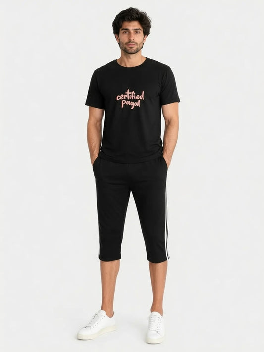 Men's Black  Graphic T-Shirt & Black Side Stripe Shorts Set  “Certified Pagal”