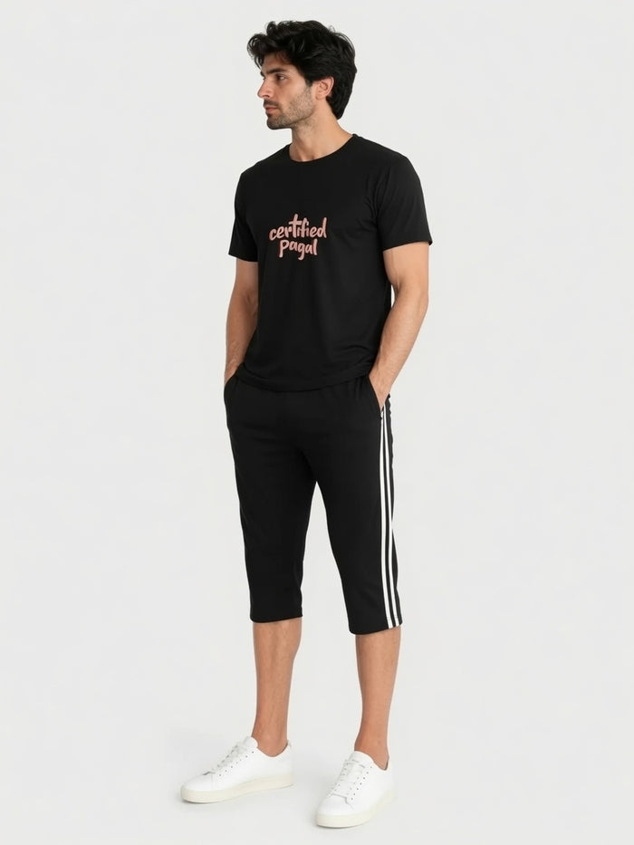 Men's Black  Graphic T-Shirt & Black Side Stripe Shorts Set  “Certified Pagal”