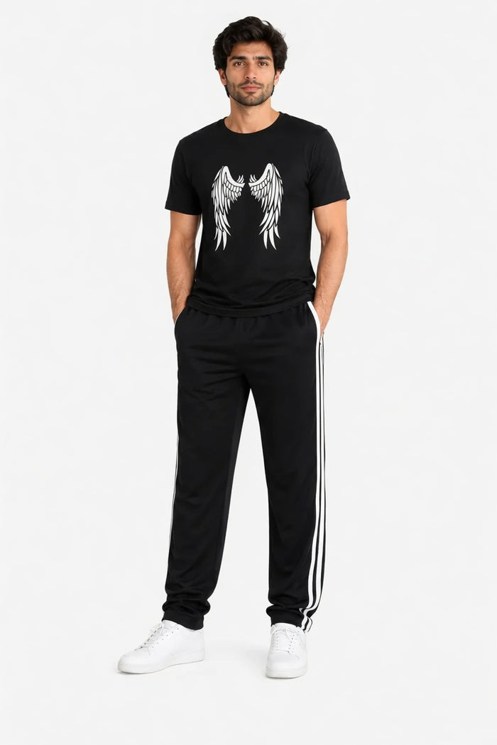 Men's Black Graphic T-Shirt & Black Side Stripe Trouser Set (Angel Wings)