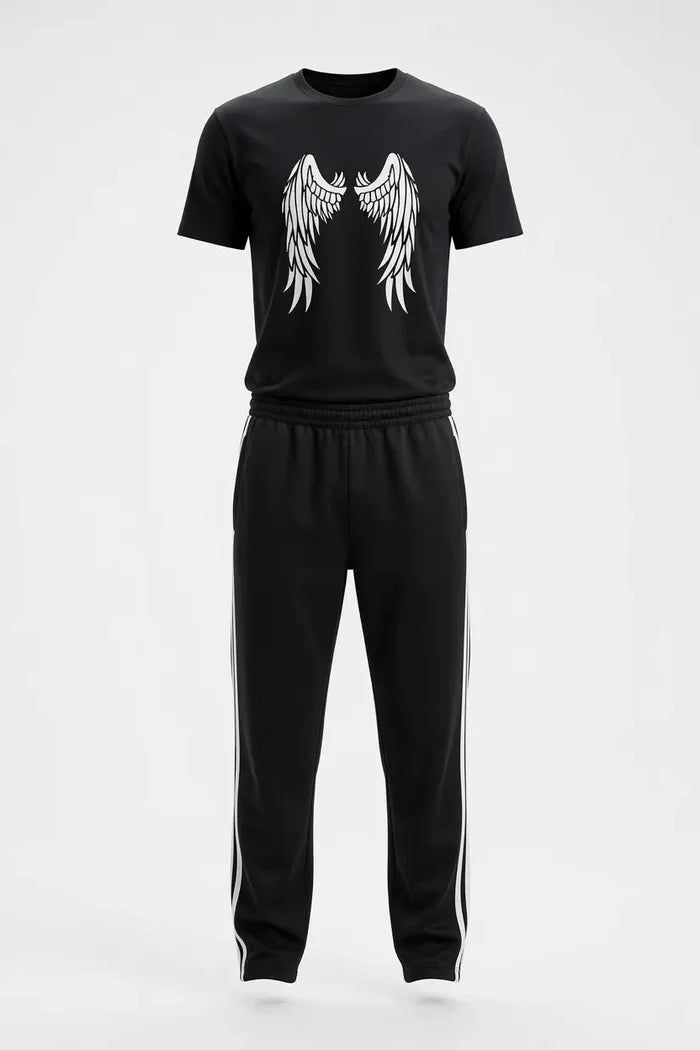 Men's Black Graphic T-Shirt & Black Side Stripe Trouser Set (Angel Wings)