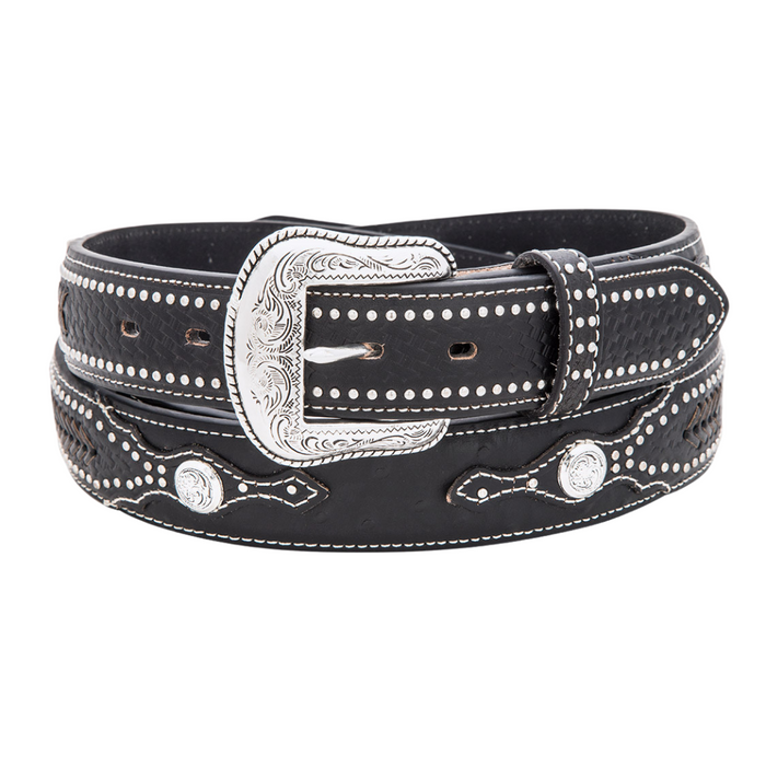 Men’s Black Imitation Ostrich Print Tooled Leather Western Belt with Silver Buckle