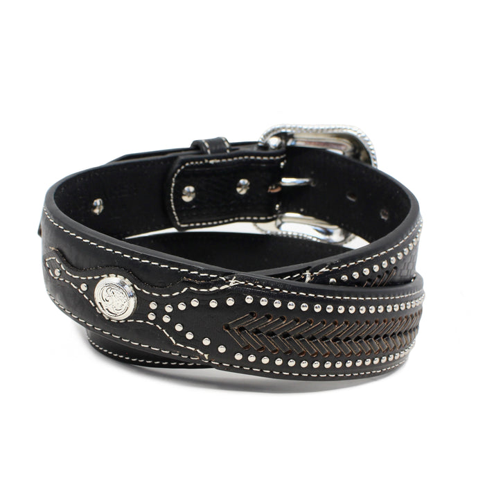 Men’s Black Imitation Ostrich Print Tooled Leather Western Belt with Silver Buckle
