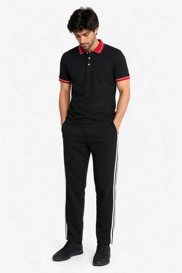 Men's Black Polo T-Shirt & Black Stripe Trouser Lounge Set