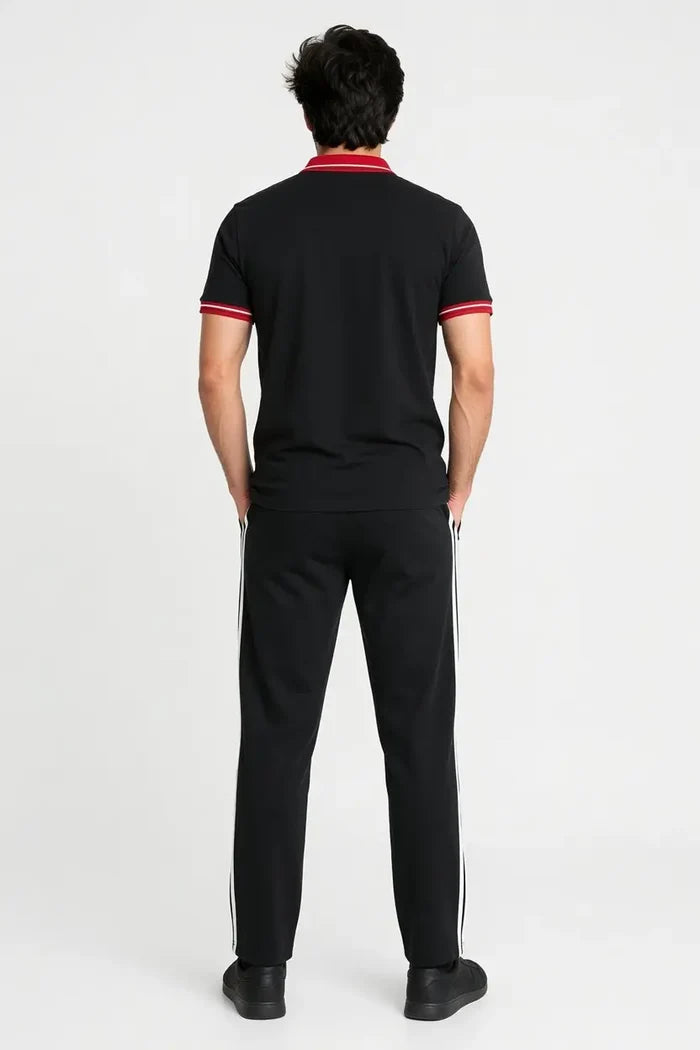 Men's Black Polo T-Shirt & Black Stripe Trouser Lounge Set