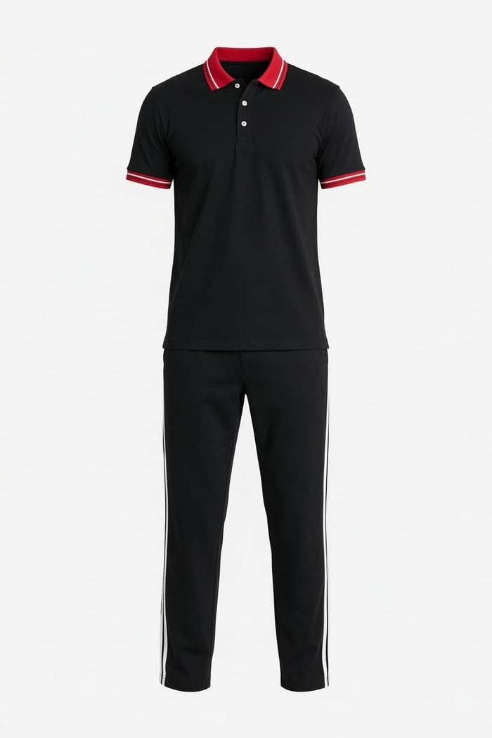 Men's Black Polo T-Shirt & Black Stripe Trouser Lounge Set