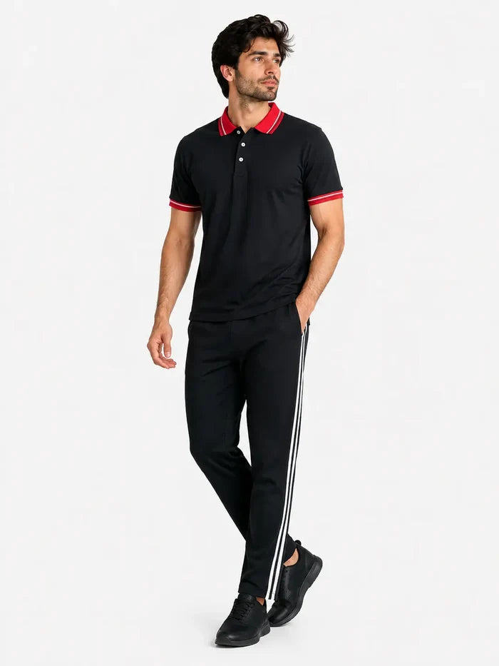 Men's Black Polo T-Shirt & Black Stripe Trouser Lounge Set