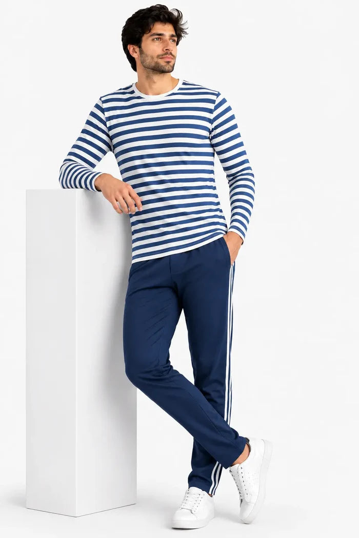 Men's Blue & White Striped Full Sleeve T-Shirt & Navy Stripe Trouser Lounge Set