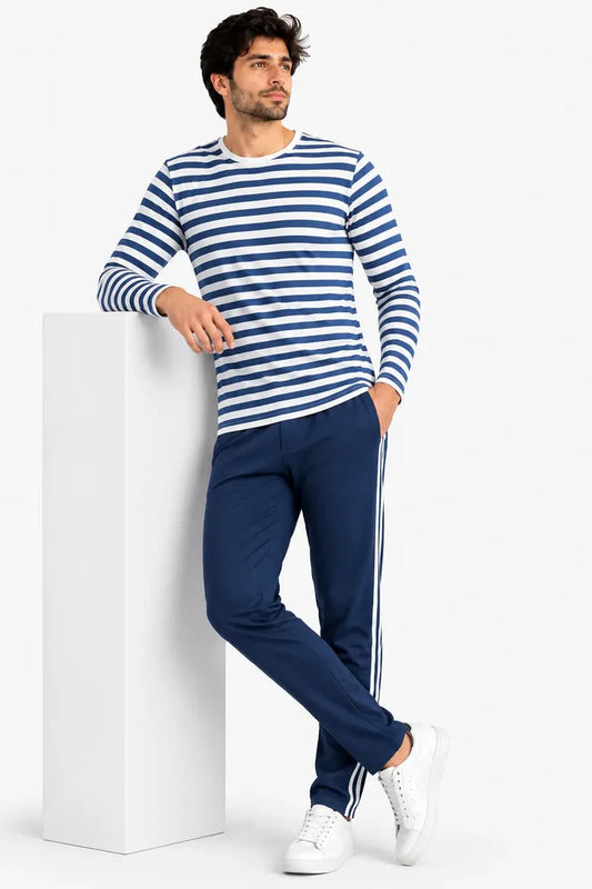 Men's Blue & White Striped Full Sleeve T-Shirt & Navy Stripe Trouser Lounge Set