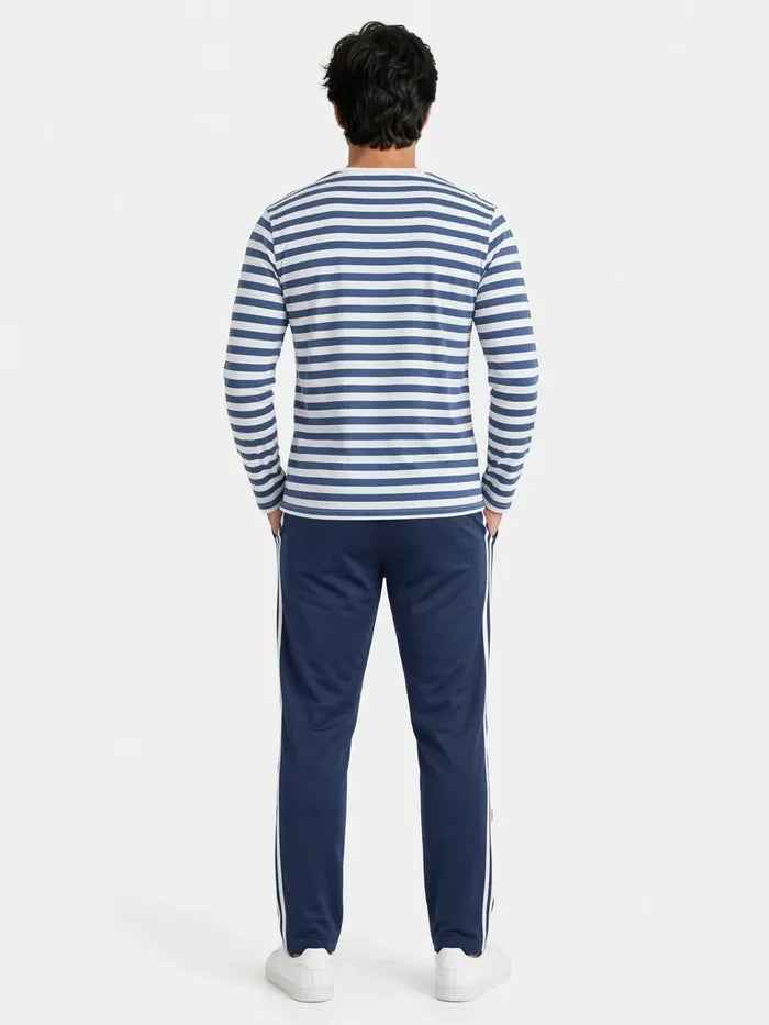 Men's Blue & White Striped Full Sleeve T-Shirt & Navy Stripe Trouser Lounge Set - Hinz Clothing