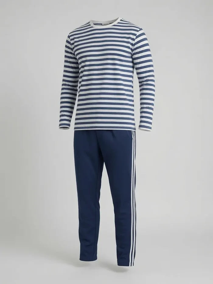 Men's Blue & White Striped Full Sleeve T-Shirt & Navy Stripe Trouser Lounge Set - Hinz Clothing