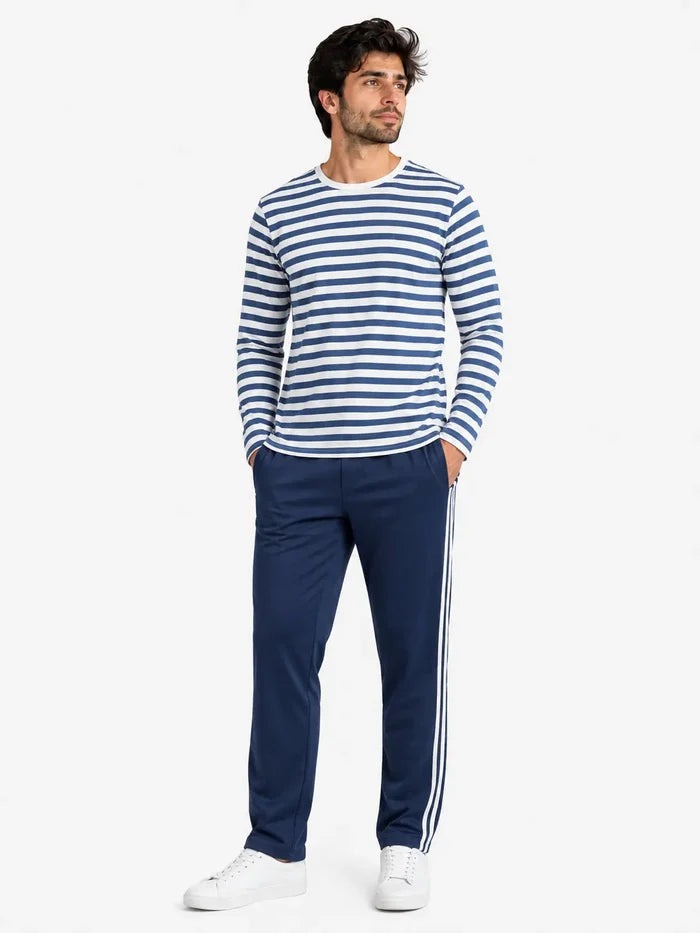 Men's Blue & White Striped Full Sleeve T-Shirt & Navy Stripe Trouser Lounge Set - Hinz Clothing