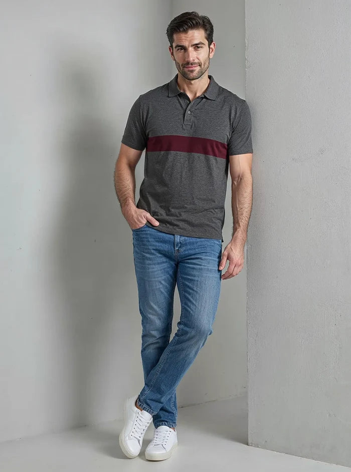 Men's Charcoal & Maroon Color Block Polo Shirt