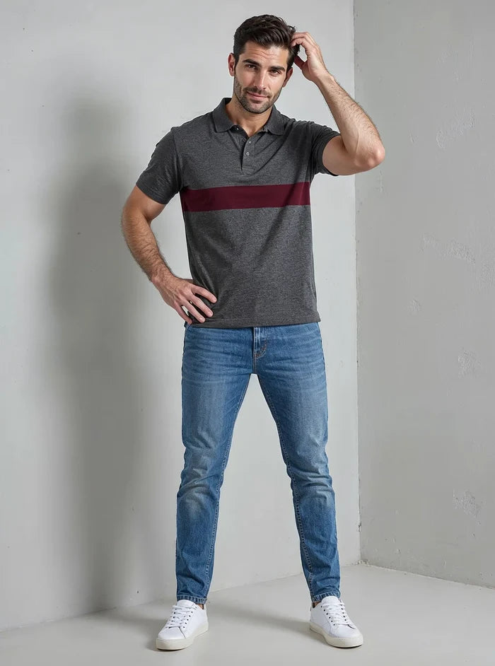 Men's Charcoal & Maroon Color Block Polo Shirt