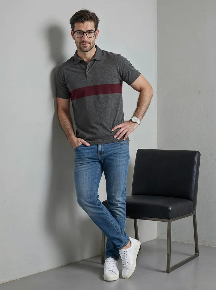 Men's Charcoal & Maroon Color Block Polo Shirt
