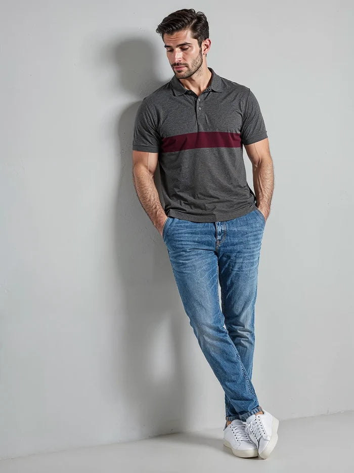 Men's Charcoal & Maroon Color Block Polo Shirt