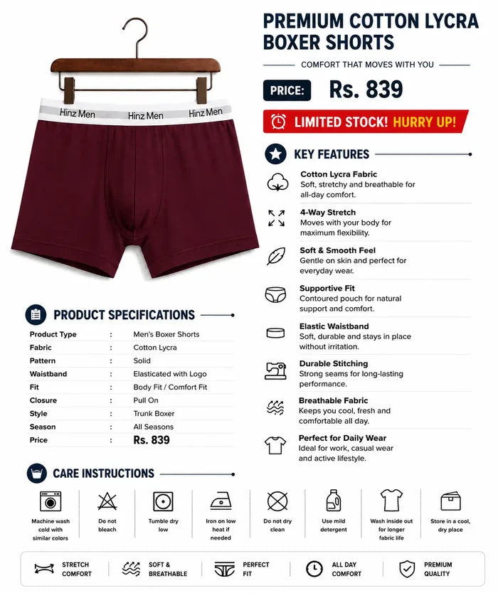 Men's Cotton Lycra Trunk Boxer Maroon