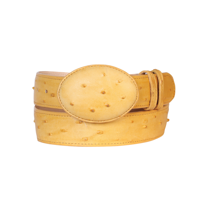 Yellow ostrich-patterned belt with a large oval buckle