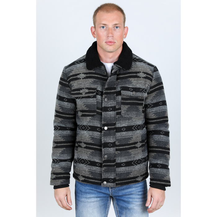 Men's Ethnic Aztec Quilted W/ Faux Fur Lined Jacket - Black