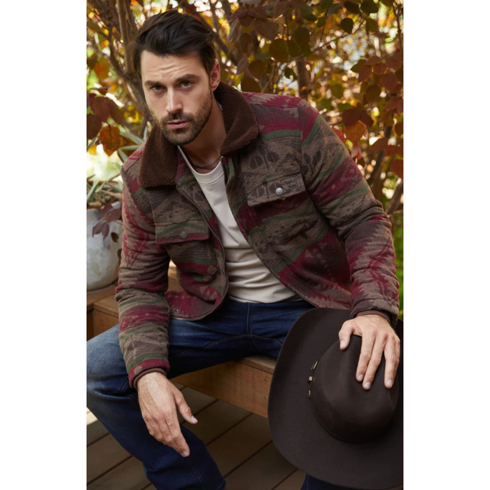 Men's Ethnic Aztec Quilted W/ Faux Fur Lined Jacket - Burgundy