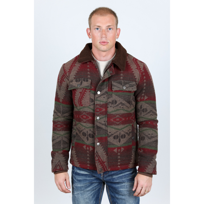 Men's Ethnic Aztec Quilted W/ Faux Fur Lined Jacket - Burgundy
