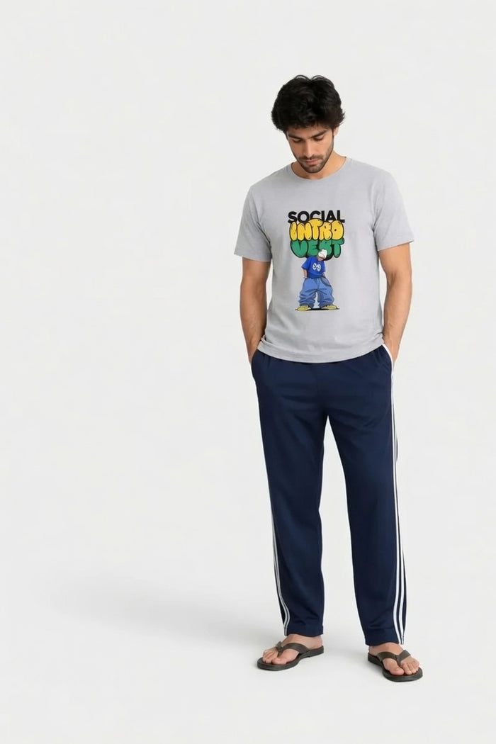 Men's Grey  Graphic T-Shirt & Navy Side Stripe Trouser Set (Social Intro )