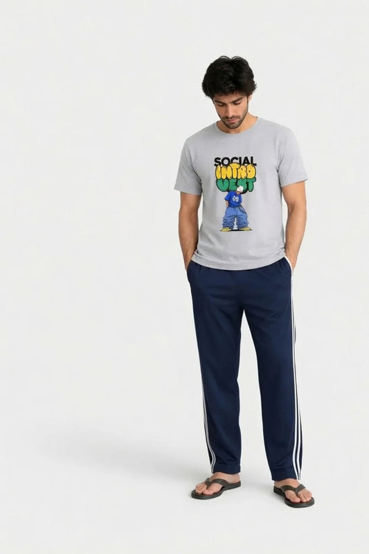 Men's Grey  Graphic T-Shirt & Navy Side Stripe Trouser Set (Social Intro )