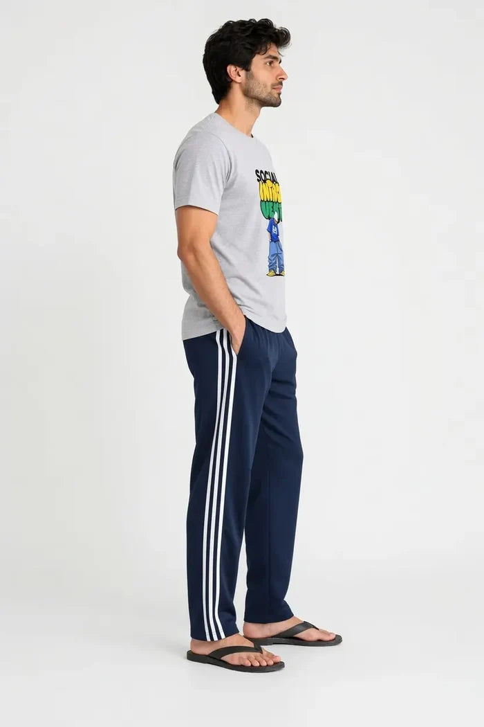 Men's Grey  Graphic T-Shirt & Navy Side Stripe Trouser Set (Social Intro )