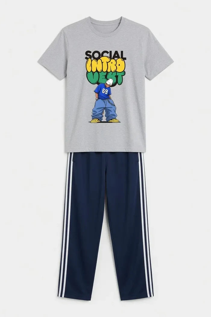 Men's Grey  Graphic T-Shirt & Navy Side Stripe Trouser Set (Social Intro )